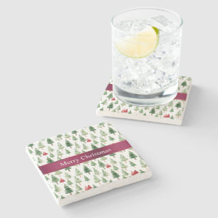 Green Red Merry Christmas Trees Steinuntersetzer