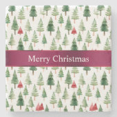 Green Red Merry Christmas Trees Steinuntersetzer (Vorderseite)