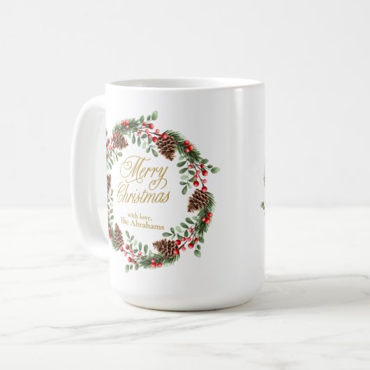 Green Red Pine Cones Gold Script Weihnachtsschuld Kaffeetasse (Vorderseite Links)