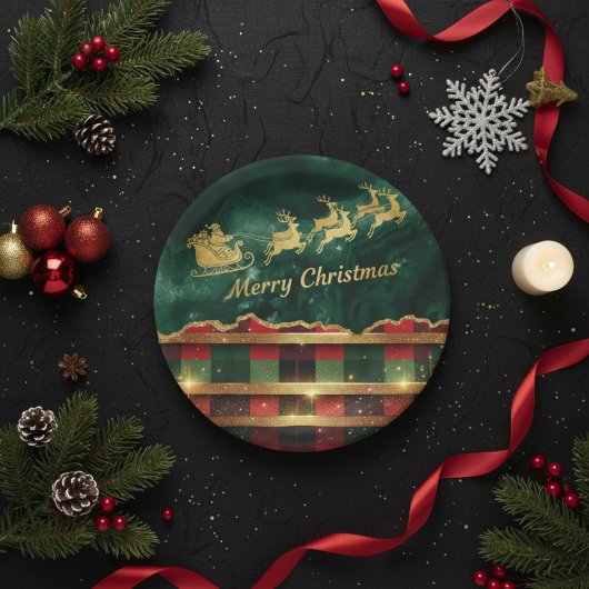 Green Red Plaid Santa Sleigh Merry Christmas Pappteller
