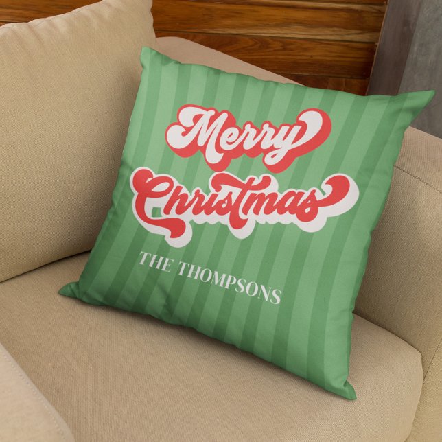 Green Red Retro Merry Christmas Custom Kissen (Merry Christmas red and green retro style typography throw pillow. )