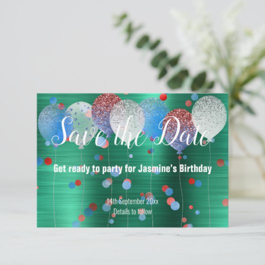 GREEN RED SPOT BALLOON RED SAVE THE DATE RSVP CARD (Stehend Vorderseite)