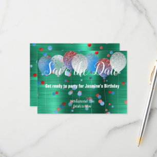 GREEN RED SPOT BALLOON RED SAVE THE DATE RSVP CARD KARTE