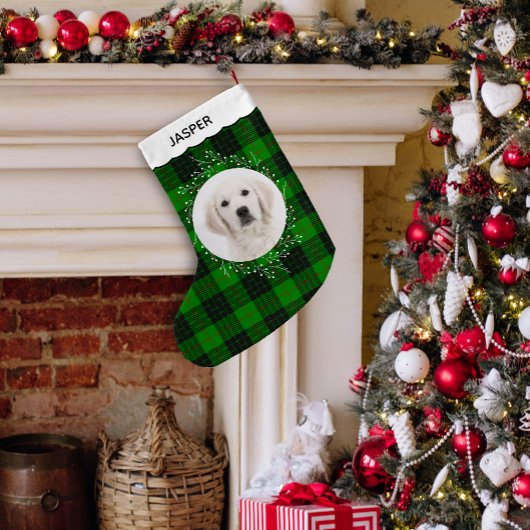 Green Red Tartan Plaid Winter Wreath Pet Dog Photo Kleiner Weihnachtsstrumpf