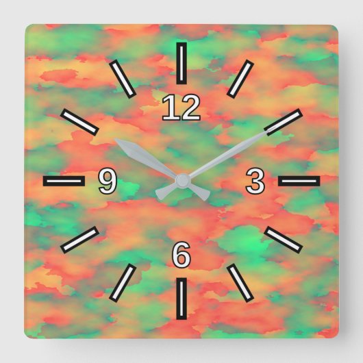 Green, Red Watercolor-Like Abstract Pattern Quadratische Wanduhr (Vorderseite)