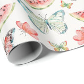 Green Red Watermelon Blue Butterflies Birthday Geschenkpapier (Rolleneckpunkt)