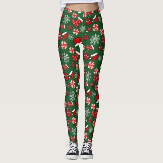 Green Red White Frohe Weihnachten Leggings (Vorderseite)