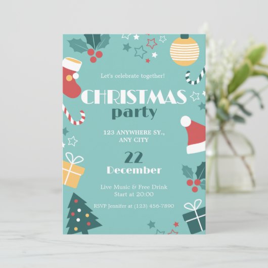 Green Red Yellow Niedlich Simple Christmas Party Einladung (Stehend Vorderseite)