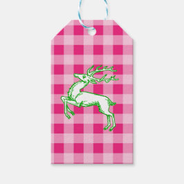 Green Reindeer Pink Gingham Geschenkanhänger