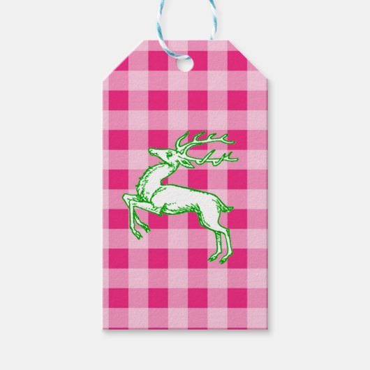 Green Reindeer Pink Gingham Geschenkanhänger (Vorderseite)