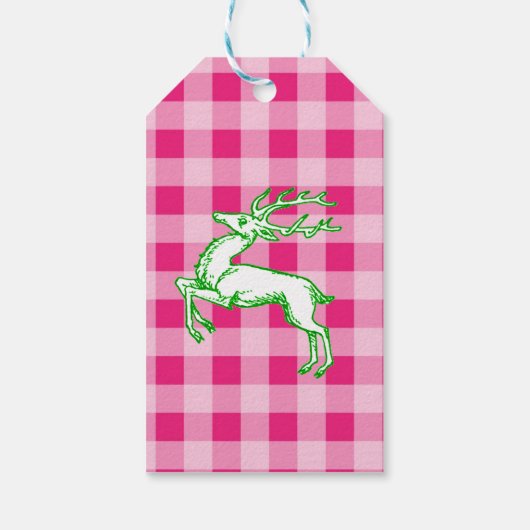 Green Reindeer Pink Gingham Geschenkanhänger (Rückseite)