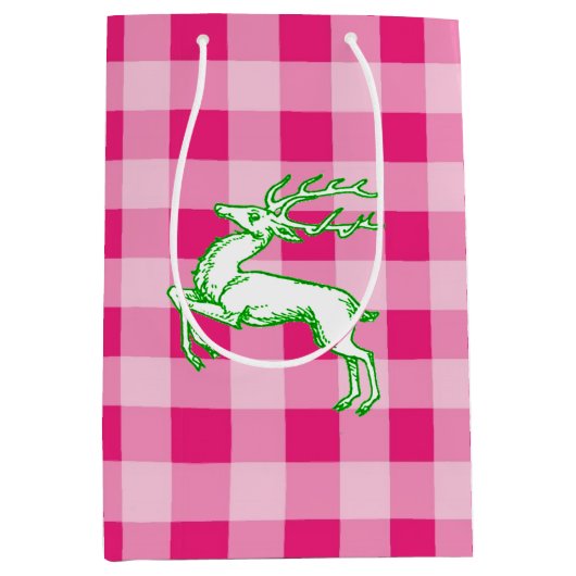 Green Reindeer Pink Gingham Mittlere Geschenktüte (Vorderseite)