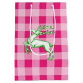 Green Reindeer Pink Gingham Mittlere Geschenktüte (Rückseite)