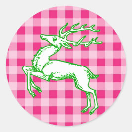 Green Reindeer Pink Gingham Runder Aufkleber