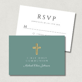 Green Religious Cross Boy First Communion  RSVP Karte