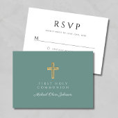 Green Religious Cross Boy First Communion  RSVP Karte