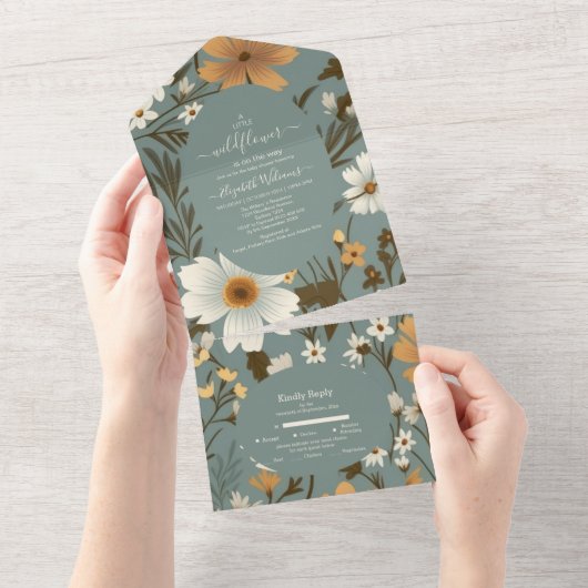 Green Retro eine kleine Wildblume Babydusche All In One Einladung (Abreißen)