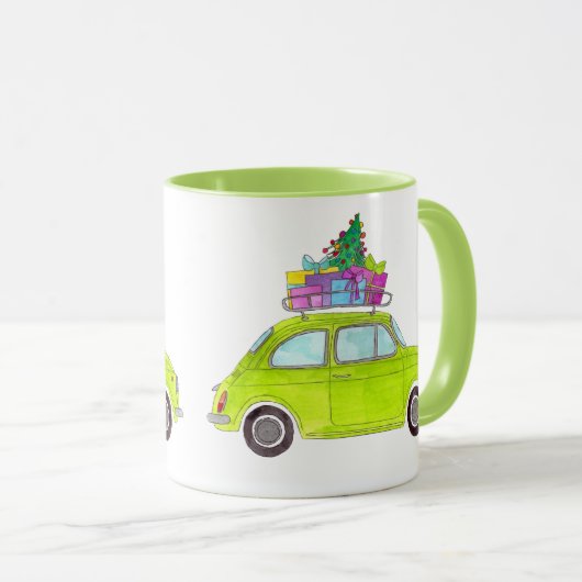 Green Retro Fiat 500 mit Geschenken Wasserfarbe Tasse (VorderseiteRechts)