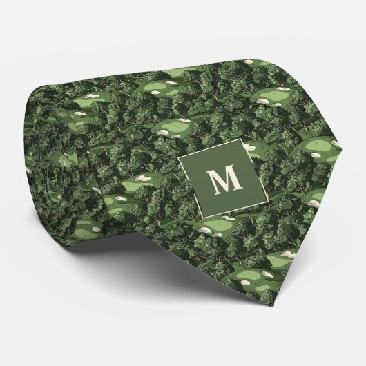 Green Retro Golfplatz Mit Monogramm Krawatte (Gerollt)