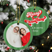 Green Retro Merry Christmas Photo Custom Keramik Ornament