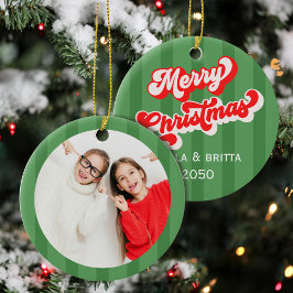 Green Retro Merry Christmas Photo Custom Keramik Ornament