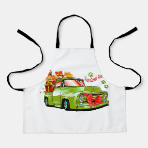 Green retro truck with gifts and dogb schürze