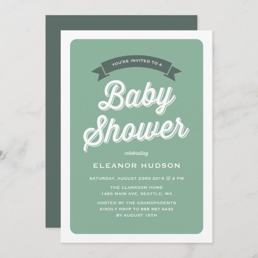 Green Retro Typografie Script Classic Baby Shower Einladung (Vorne/Hinten)