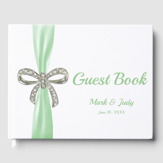 Green Ribbon Diamond Bow Wedding Guestbook Gästebuch (Vorderseite)