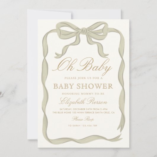 Green Ribbon Gender Neutral Baby Dusche Einladung (Vorderseite)