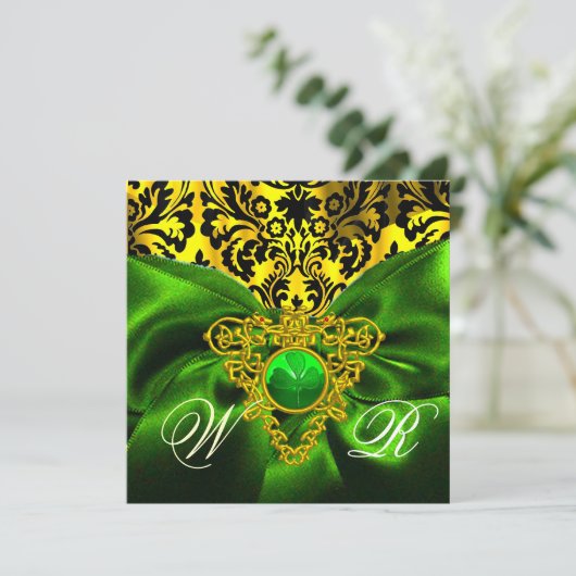 GREEN RIBBON GOLD CELTIC HERZ DAMASK MONOGRAMM EINLADUNG (Stehend Vorderseite)