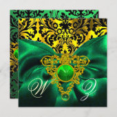 GREEN RIBBON GOLD CELTIC HERZ DAMASK MONOGRAMM EINLADUNG (Vorne/Hinten)