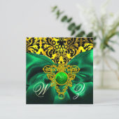 GREEN RIBBON GOLD CELTIC HERZ DAMASK MONOGRAMM EINLADUNG (Stehend Vorderseite)