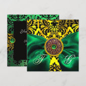 GREEN RIBBON GOLD YELLOW BLACK DAMASK MONOGRAMM EINLADUNG (Vorne/Hinten)