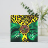 GREEN RIBBON GOLD YELLOW BLACK DAMASK MONOGRAMM EINLADUNG (Stehend Vorderseite)