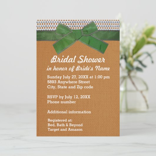 Green Ribbon, Lace, Tan Burlap Brautparty Inv Einladung (Stehend Vorderseite)