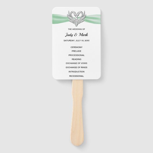 Green Ribbon Silver Swan Wedding Program Fans Fächer (Vorderseite)