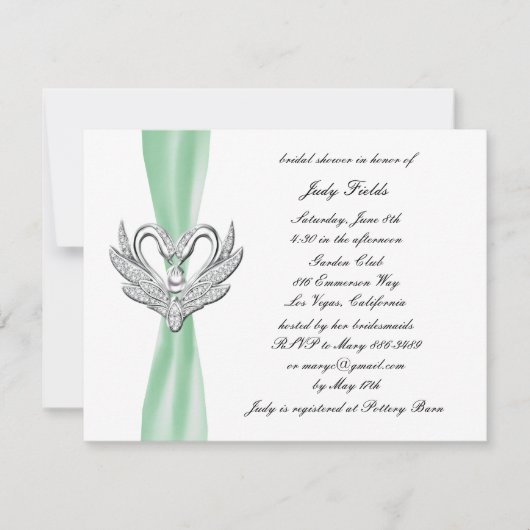 Green Ribbon Silver Swans Bridal Dusche Einladung (Vorderseite)