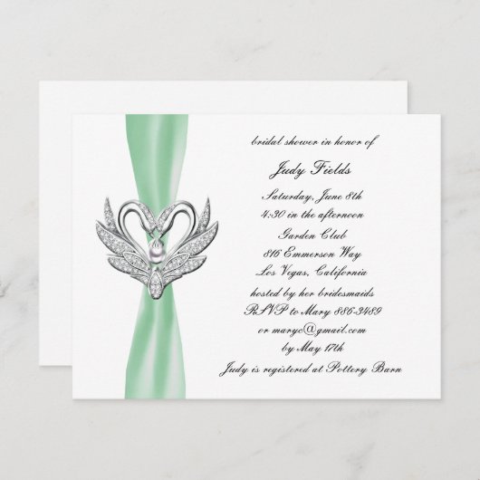 Green Ribbon Silver Swans Bridal Dusche Einladung (Vorne/Hinten)
