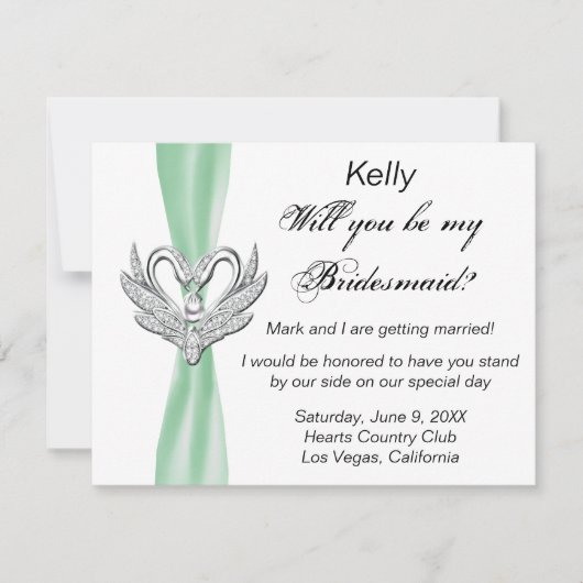 Green Ribbon Silver Swans Bridesmaid Card Einladung (Vorderseite)