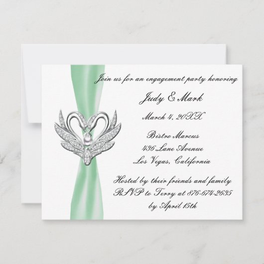 Green Ribbon Silver Swans Engagement Party einlade Einladung (Vorderseite)