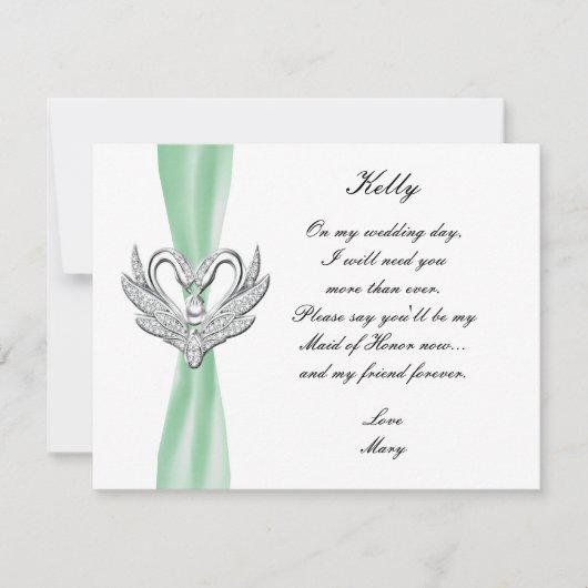 Green Ribbon Silver Swans Trauzeugin Card Einladung (Vorderseite)