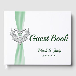 Green Ribbon Silver Swans Wedding Gästebuch