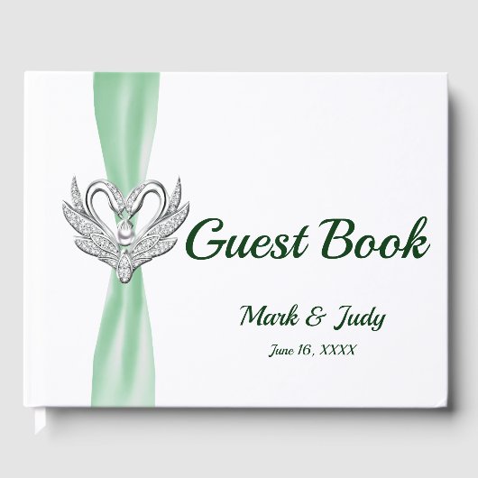 Green Ribbon Silver Swans Wedding Gästebuch (Vorderseite)