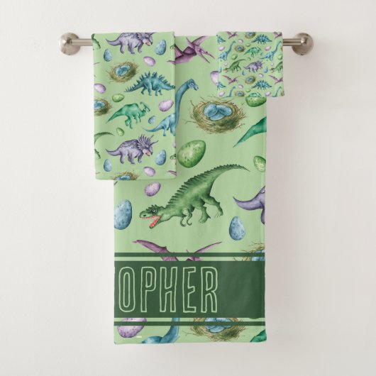 Green Roaring Jurassic Dinosaur mit Namen Badhandtuch Set (Insitu)