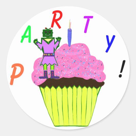 Green Robot Girl and Pink Cupcake Birthday Party Runder Aufkleber (Vorderseite)