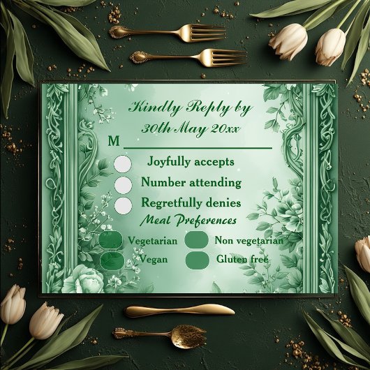Green Rococo Garden Grand Baroque Opulence Wedding RSVP Karte