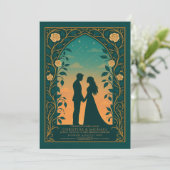 Green Romantic Silhouette Couple Wedding Invite Einladung (Stehend Vorderseite)