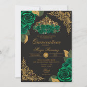 Green Rose Black Gold Glitzer Tiara Quinceañera Einladung (Vorderseite)