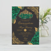 Green Rose Black Gold Glitzer Tiara Quinceañera Einladung (Stehend Vorderseite)