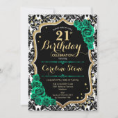 Green Rose Gold Black Damask 21. Geburtstag Einladung (Vorderseite)